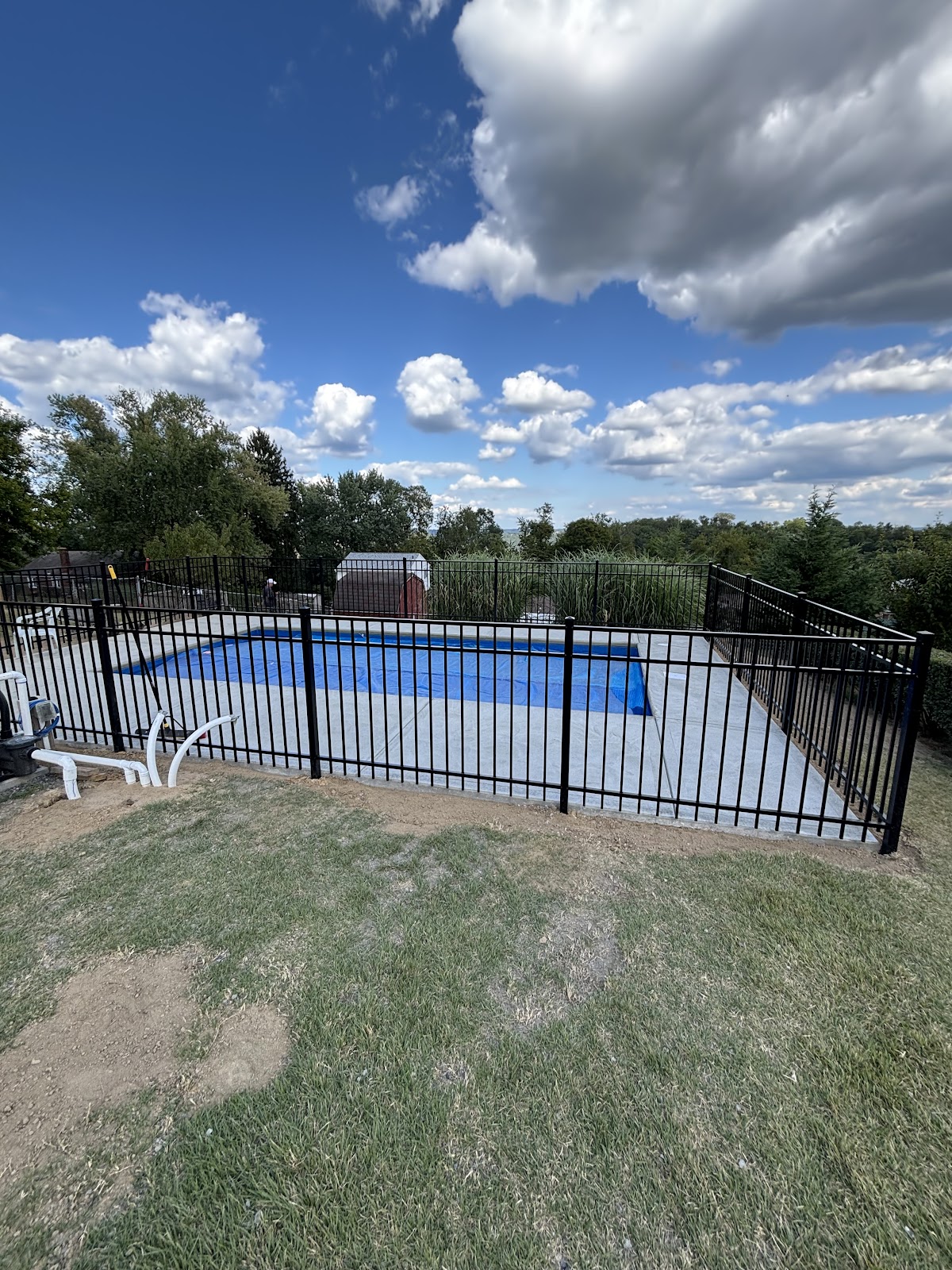 Black aluminum ornamental fence installed around a backyard pool